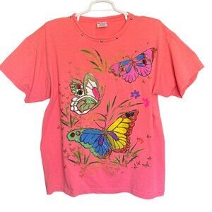 MATCH POINT T-Shirt Womens XXL Pink Butterfly 3D Puff Paint Vintage Late 90s Nos